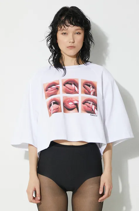 Βαμβακερό μπλουζάκι Fiorucci Mouth Print Cropped Padded T-Shirt γυναικείο, χρώμα: άσπρο, U01FPTSH106CJ01WH01