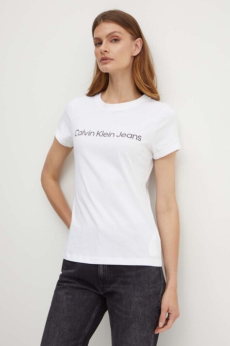 Calvin Klein Jeans tricou din bumbac femei, culoarea alb, J20J220253