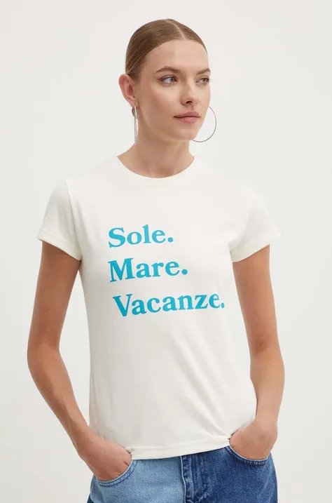 Bavlnené tričko Drivemebikini Sole Mare Vacanze dámske, béžová farba