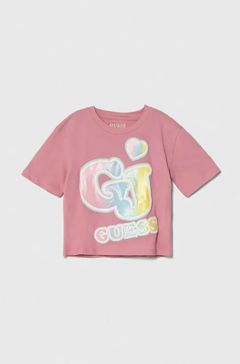 Дитяча бавовняна футболка Guess колір рожевий
