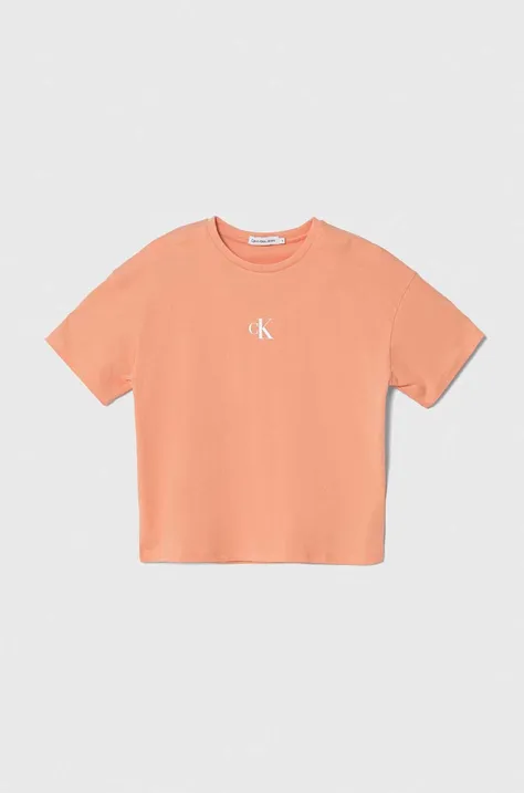 Otroška bombažna kratka majica Calvin Klein Jeans oranžna barva