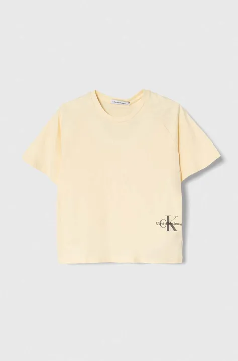 Dječja pamučna majica kratkih rukava Calvin Klein Jeans boja: bež