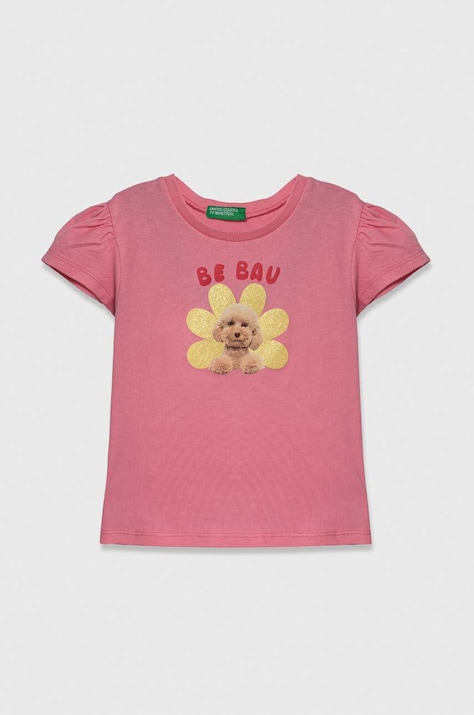 Παιδικό βαμβακερό μπλουζάκι United Colors of Benetton χρώμα: ροζ