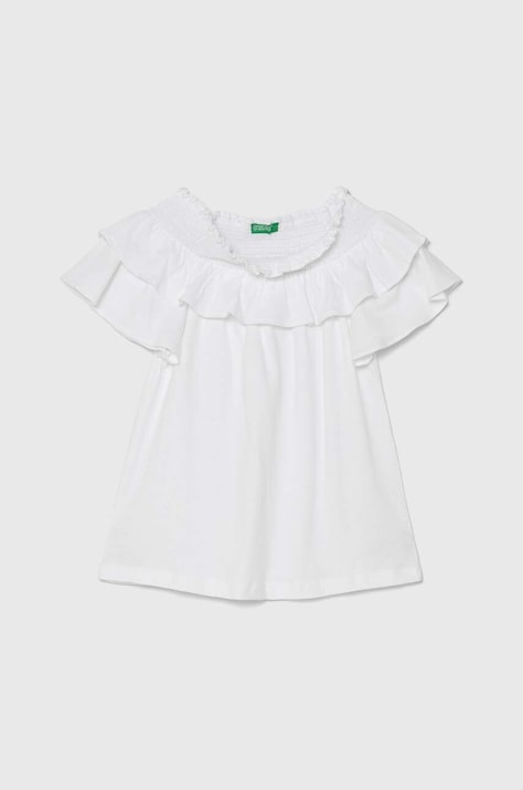 United Colors of Benetton tricou din amestec de in pentru copii culoarea alb, decolteu spaniol