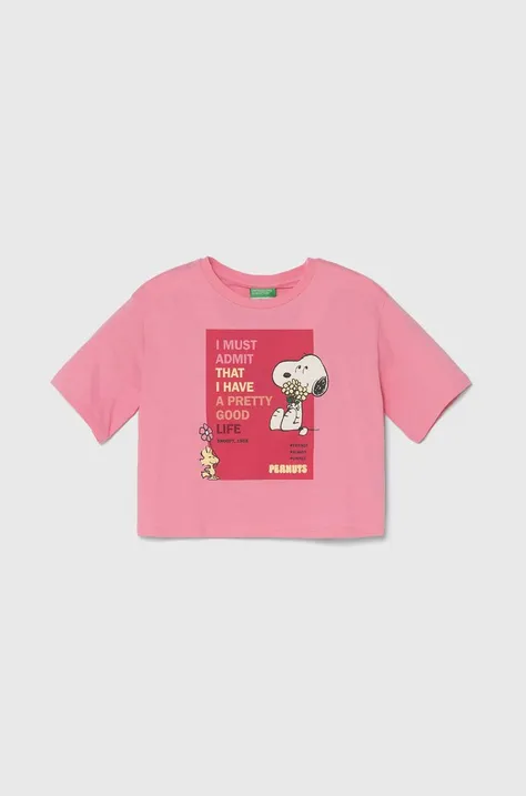 Otroška bombažna kratka majica United Colors of Benetton X Peanuts roza barva