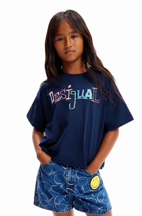 Desigual tricou de bumbac pentru copii culoarea albastru marin