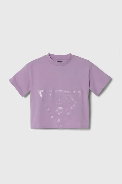 Παιδικό βαμβακερό μπλουζάκι Guess χρώμα: μοβ