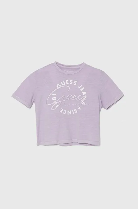 Дитяча бавовняна футболка Guess колір фіолетовий