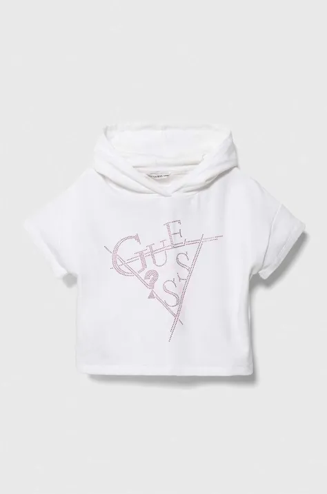 Guess bluza bawełniana dziecięca kolor biały z kapturem z aplikacją