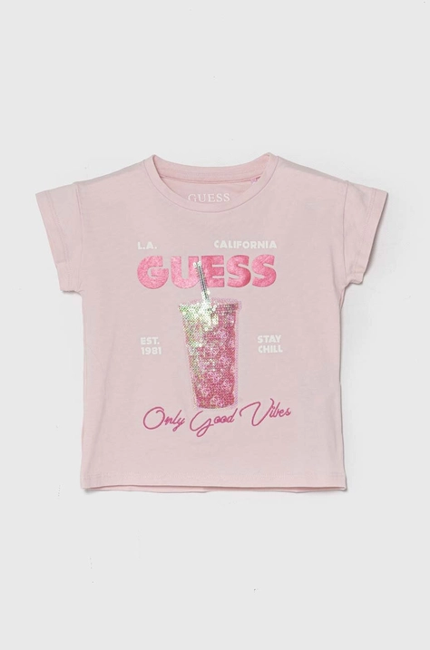 Παιδικό μπλουζάκι Guess χρώμα: ροζ