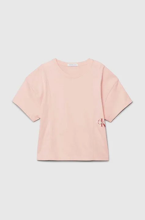Otroška bombažna kratka majica Calvin Klein Jeans roza barva