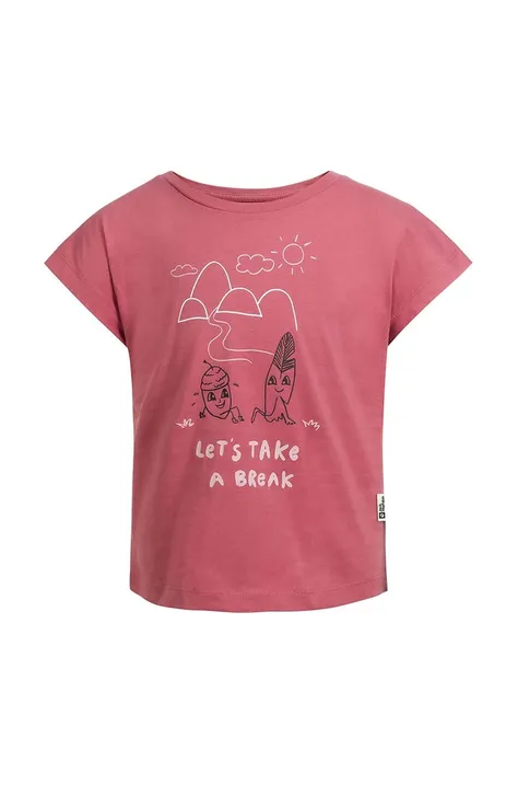 Otroška bombažna kratka majica Jack Wolfskin TAKE A BREAK roza barva