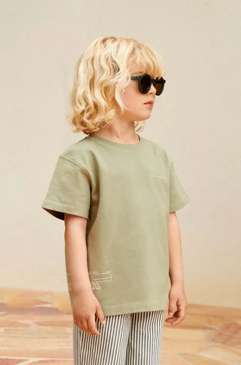 Детская хлопковая футболка Liewood Sixten Placement Shortsleeve T-shirt цвет зелёный однотонная