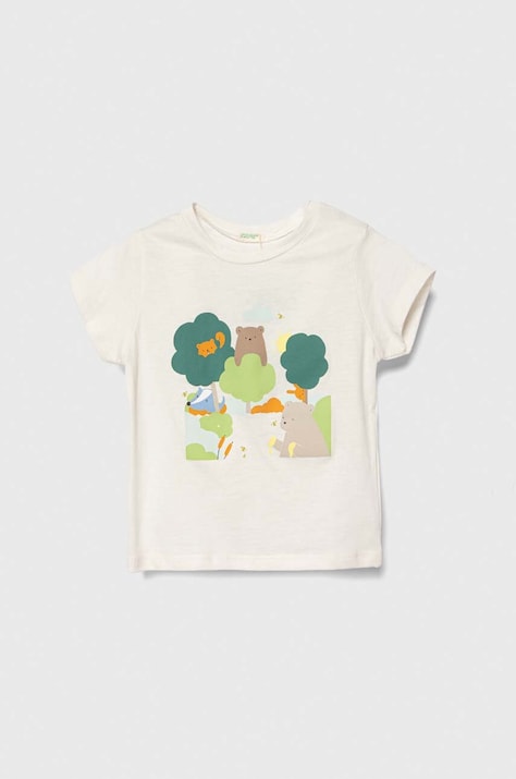 Бебешка памучна тениска United Colors of Benetton в бежово с принт
