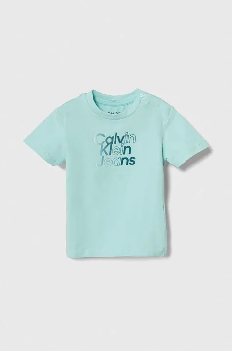 Detské tričko Calvin Klein Jeans tyrkysová farba, s potlačou