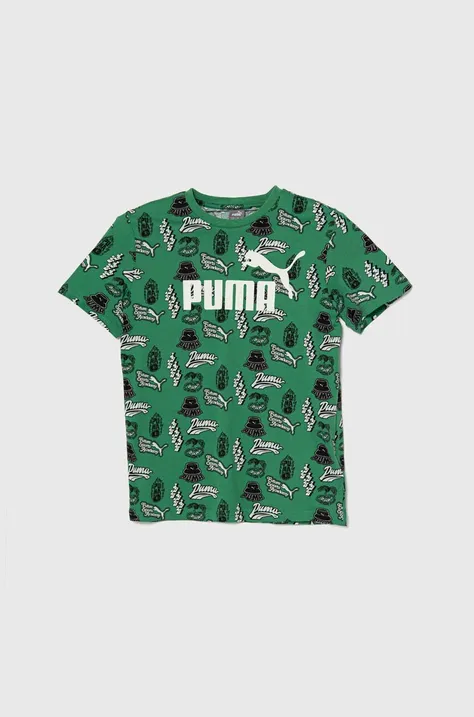 Дитяча бавовняна футболка Puma ESS+ MID 90s AOP B колір зелений візерунок