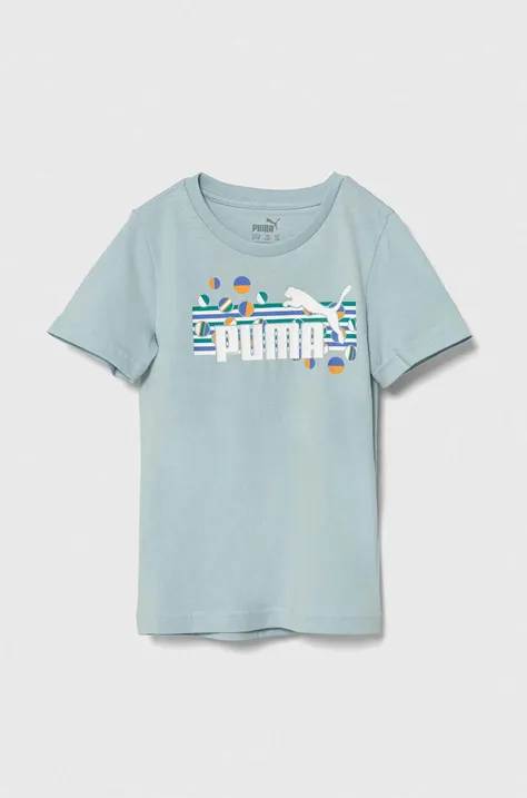 Дитяча бавовняна футболка Puma ESS+ SUMMER CAMP Tee колір бірюзовий з принтом