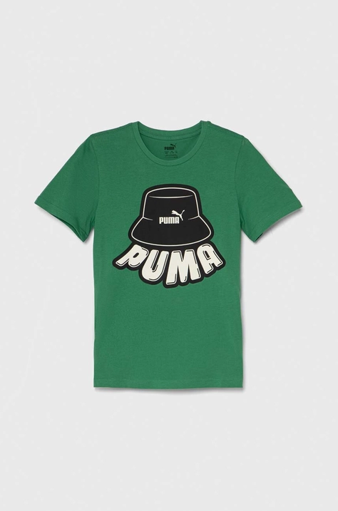 Puma t-shirt bawełniany dziecięcy ESS+ MID 90s Graphic B kolor zielony z nadrukiem