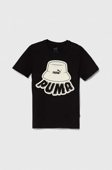 Дитяча бавовняна футболка Puma ESS+ MID 90s Graphic B колір чорний з принтом