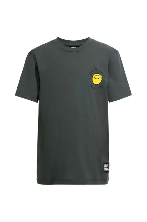 Dětské bavlněné tričko Jack Wolfskin SMILEYWORLD zelená barva, s potiskem