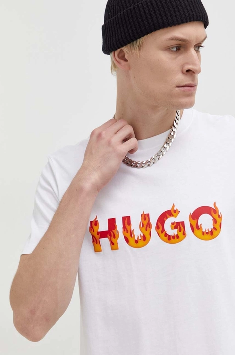 HUGO tricou din bumbac bărbați, culoarea bej, cu imprimeu 50504542