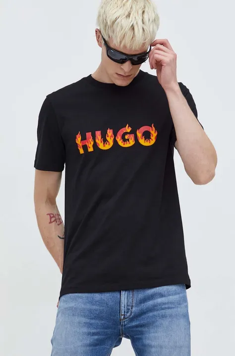 Bavlněné tričko HUGO černá barva, s potiskem, 50504542