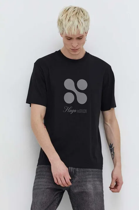 Памучна тениска HUGO в черно с принт 50504926