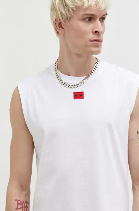 Βαμβακερό μπλουζάκι HUGO ανδρικά, χρώμα: άσπρο