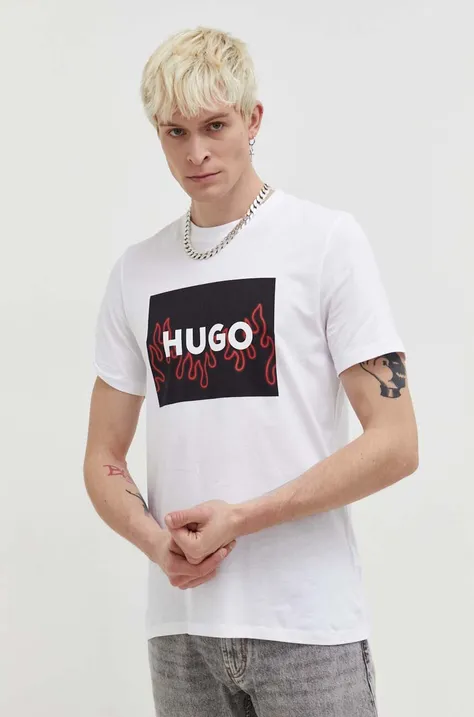 Pamučna majica HUGO za muškarce, boja: bijela, s tiskom, 50506989