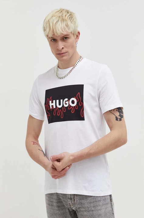 HUGO tricou din bumbac bărbați, culoarea alb, cu imprimeu 50506989