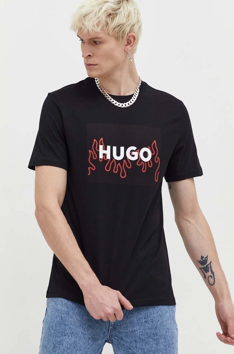 HUGO t-shirt bawełniany męski kolor czarny z nadrukiem