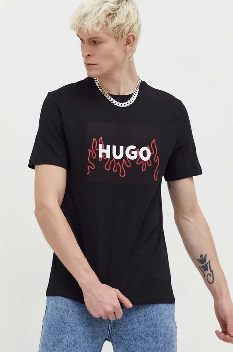 Bavlněné tričko HUGO černá barva, s potiskem