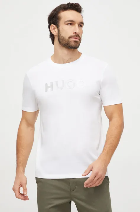 Bavlněné tričko HUGO bílá barva, s potiskem