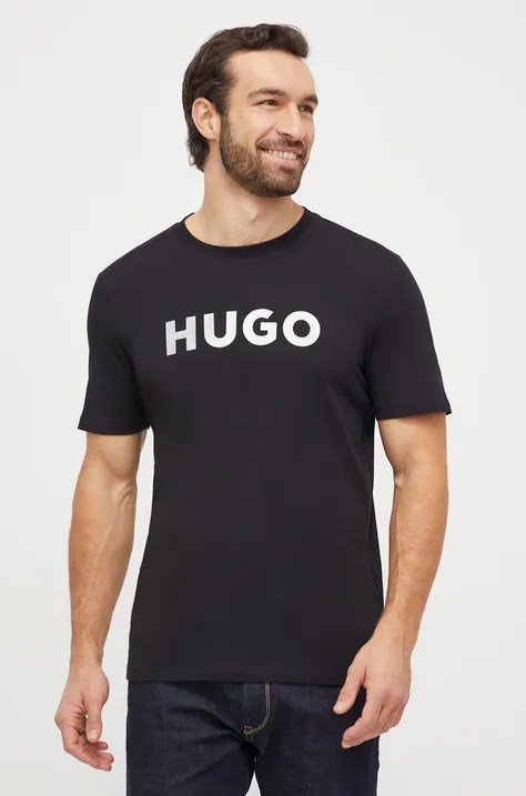 Bavlnené tričko HUGO pánsky, čierna farba, s potlačou