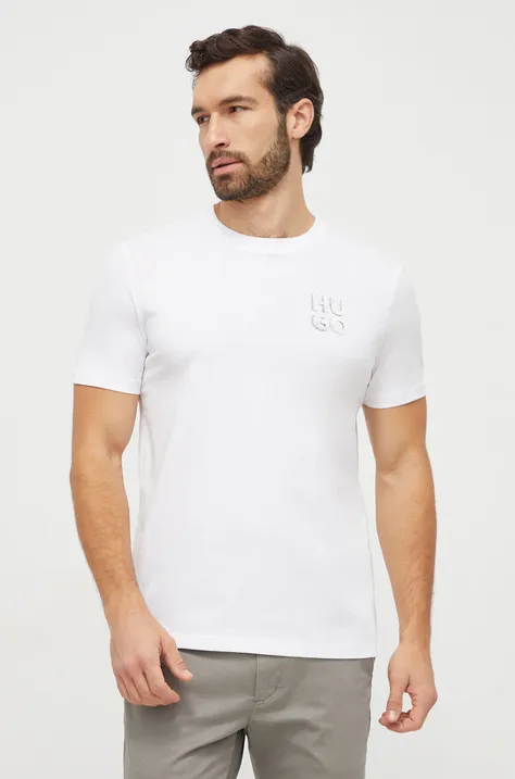 Bavlnené tričko HUGO pánsky, biela farba, s potlačou