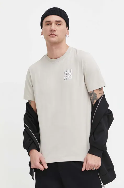 Бавовняна футболка HUGO чоловічий колір сірий з принтом