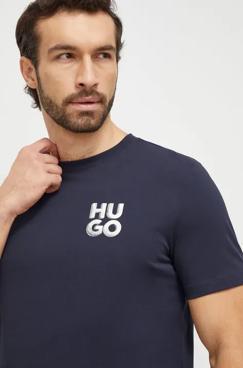 Bombažna kratka majica HUGO moški, mornarsko modra barva