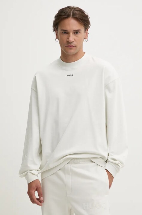 HUGO longsleeve din bumbac culoarea bej, neted, 50511029