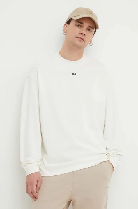 Bavlnené tričko s dlhým rukávom HUGO biela farba, jednofarebný