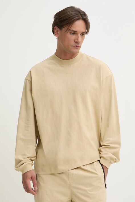 HUGO longsleeve din bumbac culoarea bej, neted, 50511029