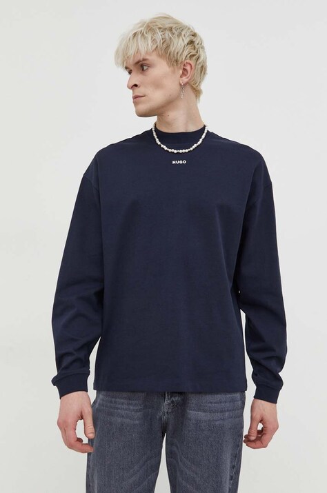 HUGO longsleeve din bumbac culoarea albastru marin, neted, 50511029