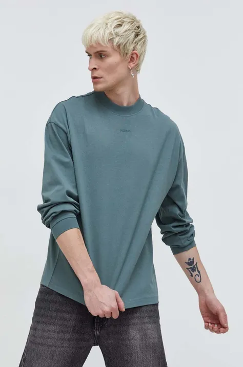 Bavlnené tričko s dlhým rukávom HUGO zelená farba,jednofarebný,50511029
