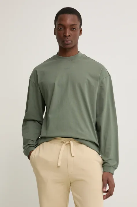 HUGO longsleeve din bumbac culoarea verde, neted, 50511029