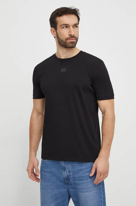 Pamučna majica HUGO za muškarce, boja: crna, s aplikacijom
