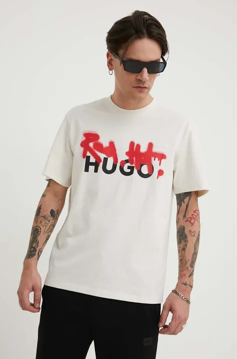 Pamučna majica HUGO za muškarce, boja: bež, s tiskom