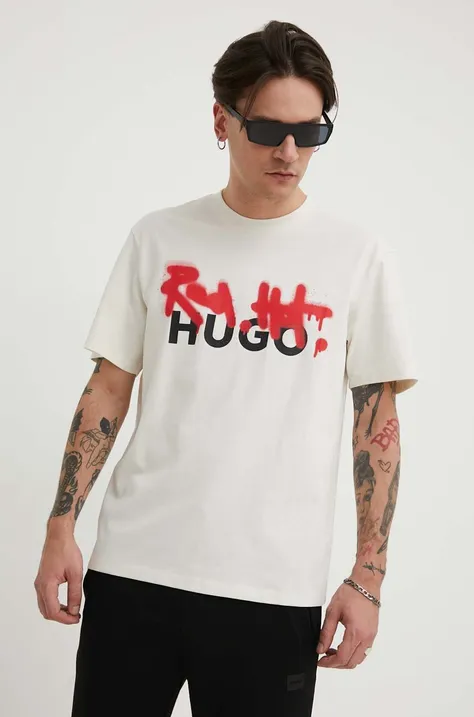 HUGO t-shirt bawełniany męski kolor beżowy z nadrukiem 50508513