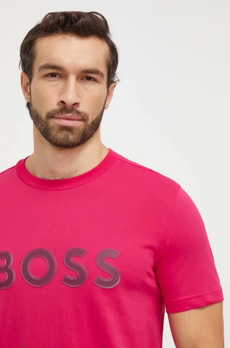 Хлопковая футболка Boss Green мужской цвет розовый с аппликацией