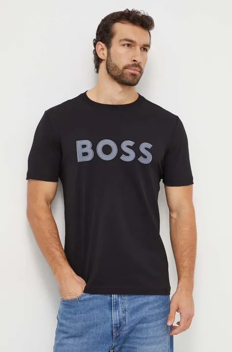 Pamučna majica Boss Green za muškarce, boja: crna, s aplikacijom