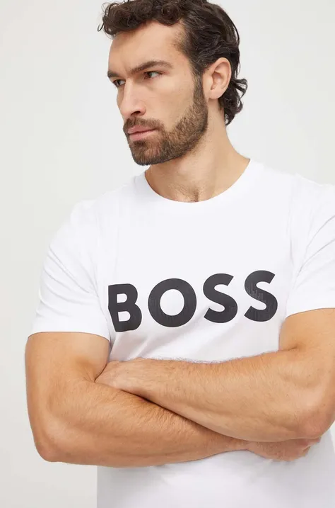 Majica kratkih rukava Boss Green za muškarce, boja: bijela, s tiskom, 50506363