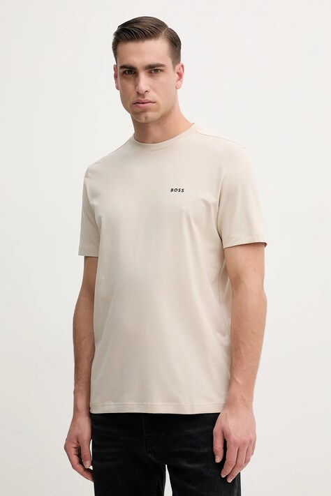 BOSS Green tricou barbati, culoarea bej, cu imprimeu, 50506373